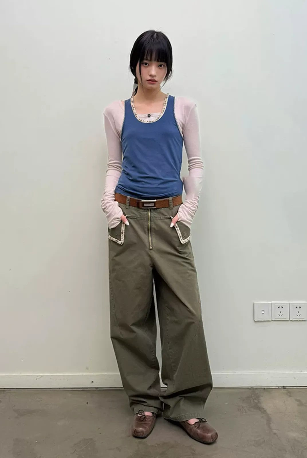 NeverSeez Beaded Lyocell Wool Tank Top in Khaki - On Model