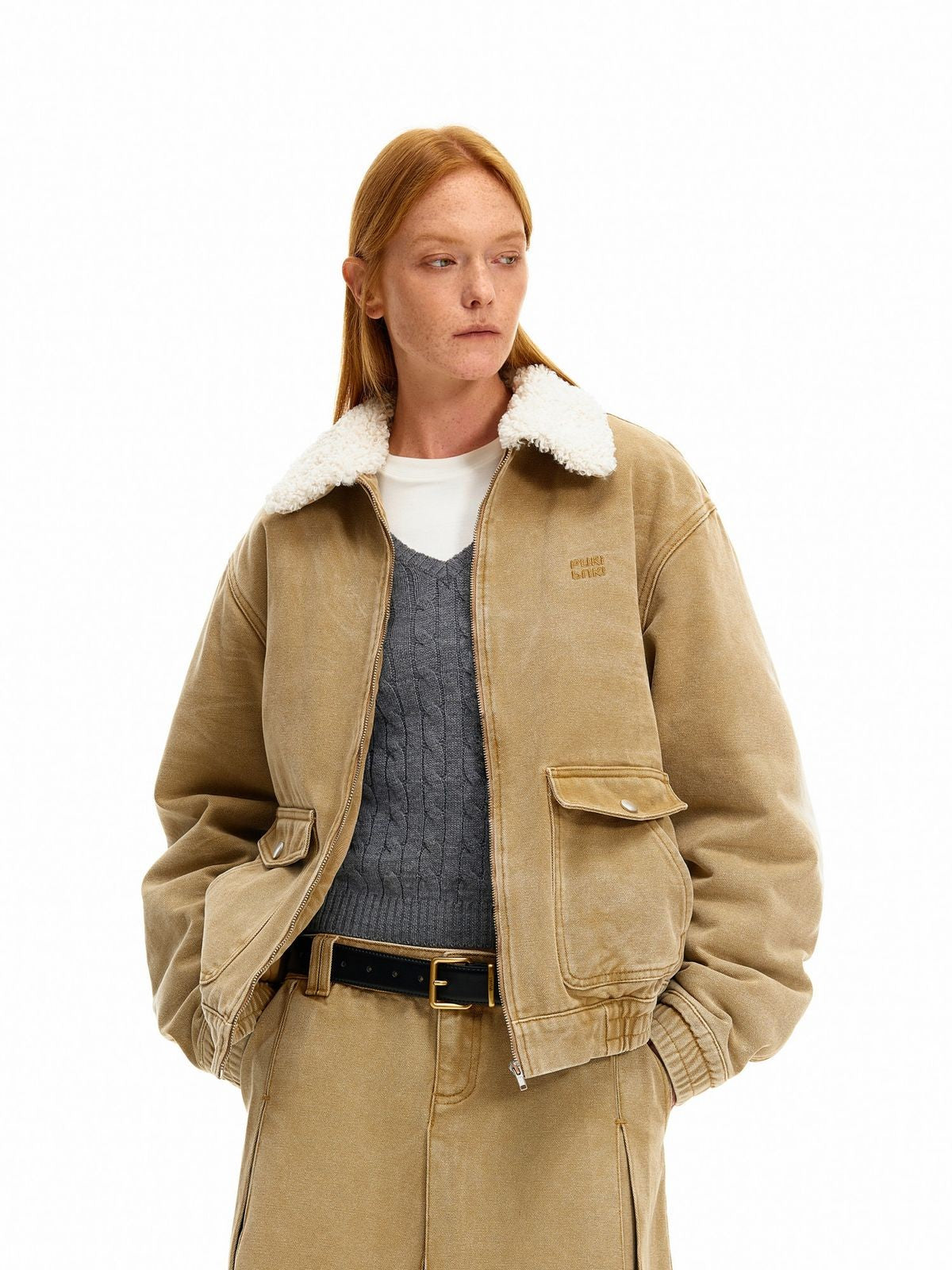 PUKI Sherpa Collar Washed Workwear Jacket in Khaki - On Model
