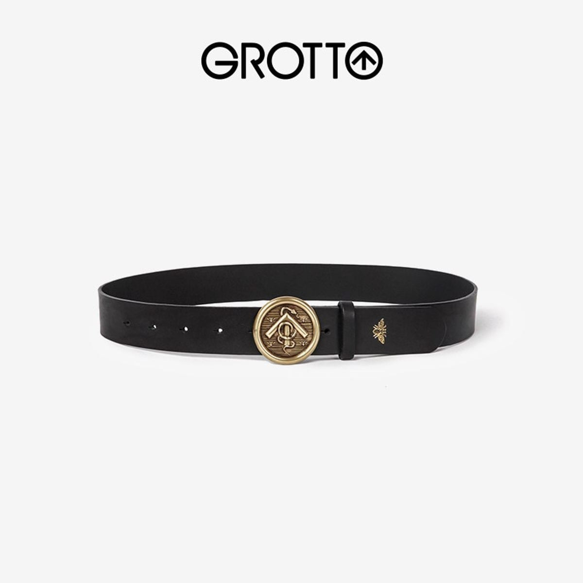 Grotto Arrow Logo Buckle Leather Belt in Black