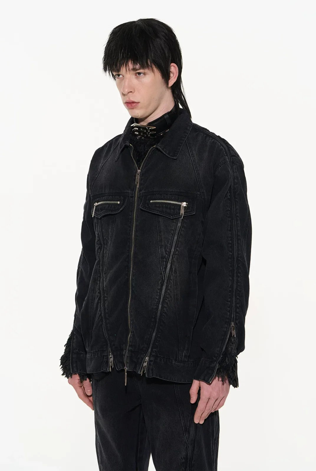 BLINDNOPLAN Multi Zipper Washed Denim Jacket in Gray