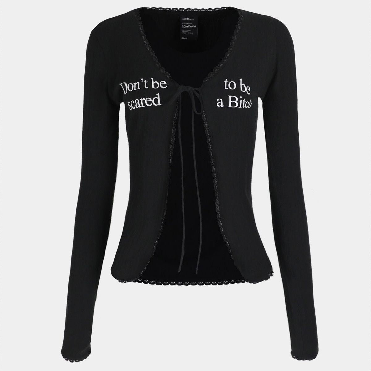 BADSEED Lace Trim Tie Front Cardigan in Black