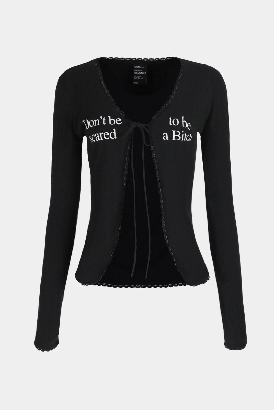 BADSEED Lace Trim Tie Front Cardigan in Black