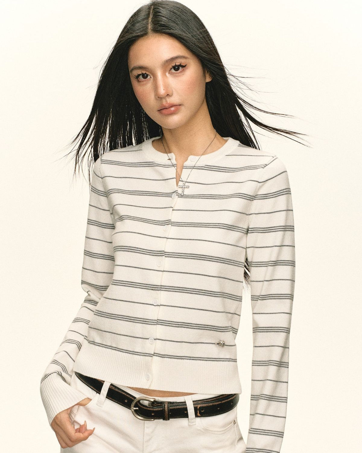 ARISEISM Striped Round Neck Cardigan in White - On Model