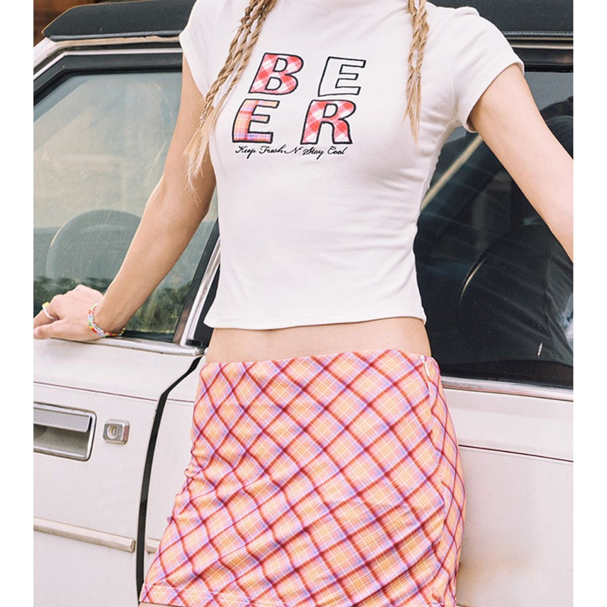 BeerBro Plaid Appliqu Baby Tee in White - On Model