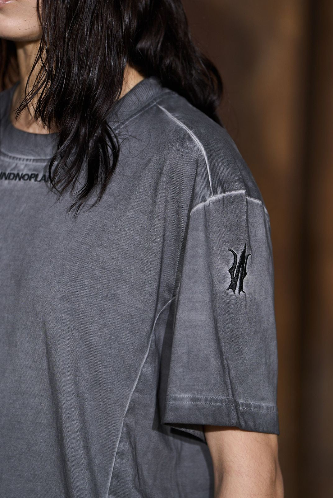 BLINDNOPLAN Distressed Embroidered Cotton Tee in Gray - On Model