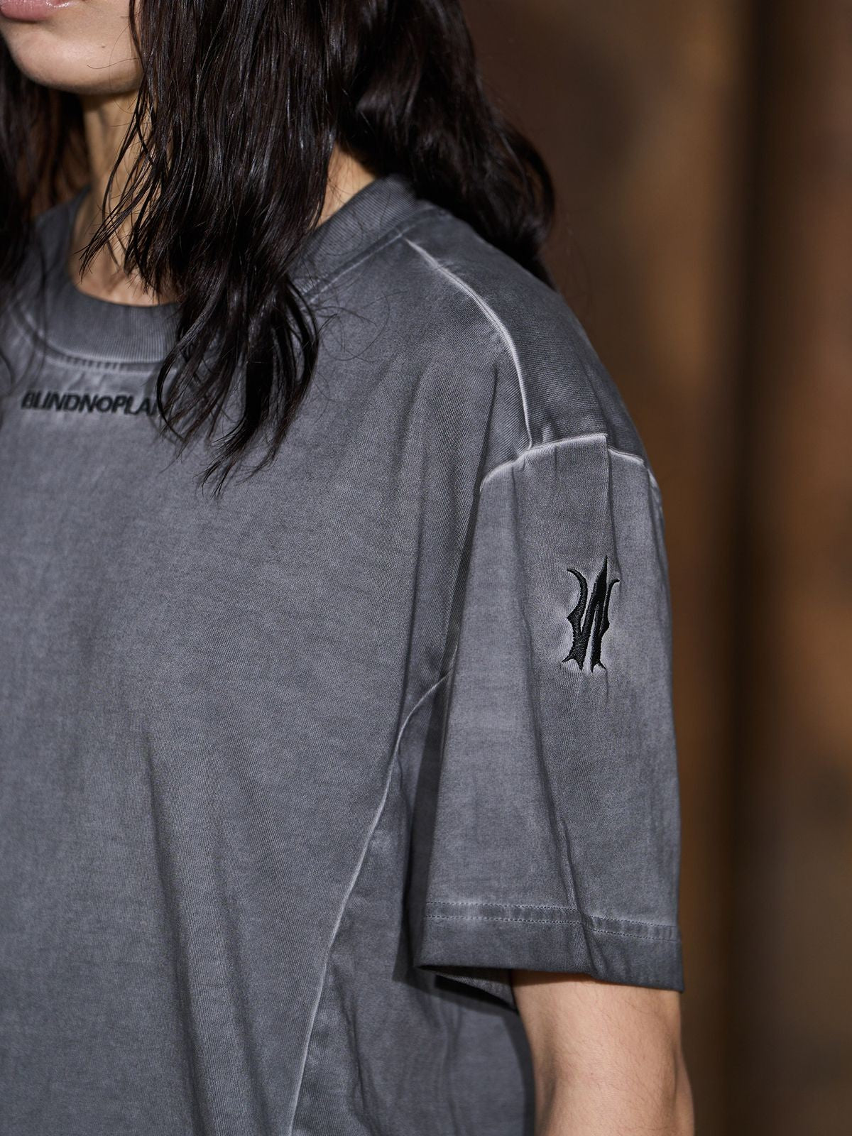 BLINDNOPLAN Distressed Embroidered Cotton Tee in Gray - On Model