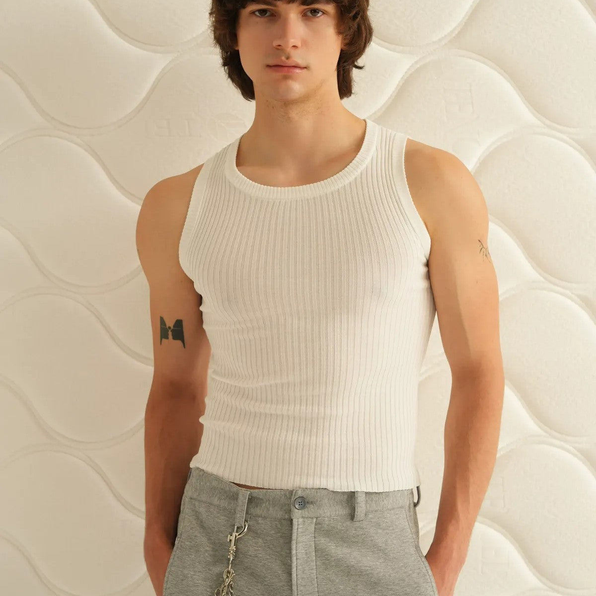 Retro 21 Ribbed Knit Tank Top in White - On Model
