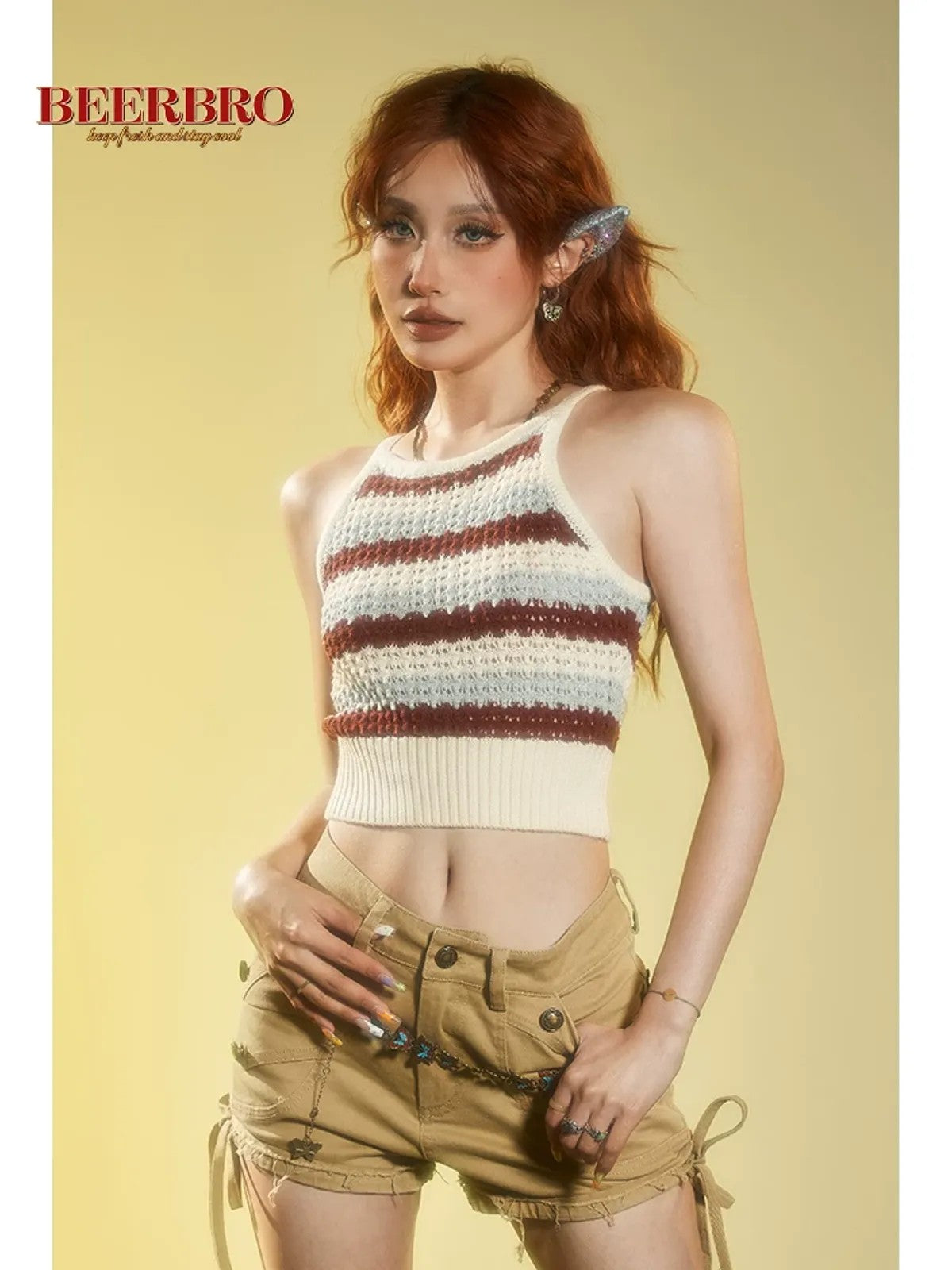 BeerBro Striped Open Knit Halter Top in Cream - On Model