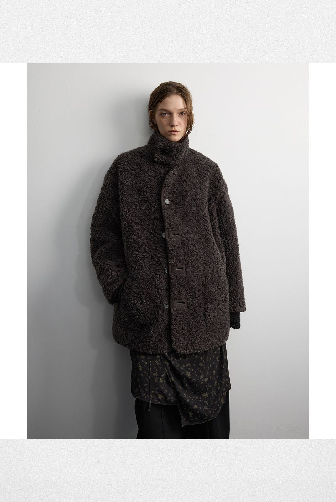 RandomPiece Reversible Faux Shearling Coat in Dark Brown - On Model