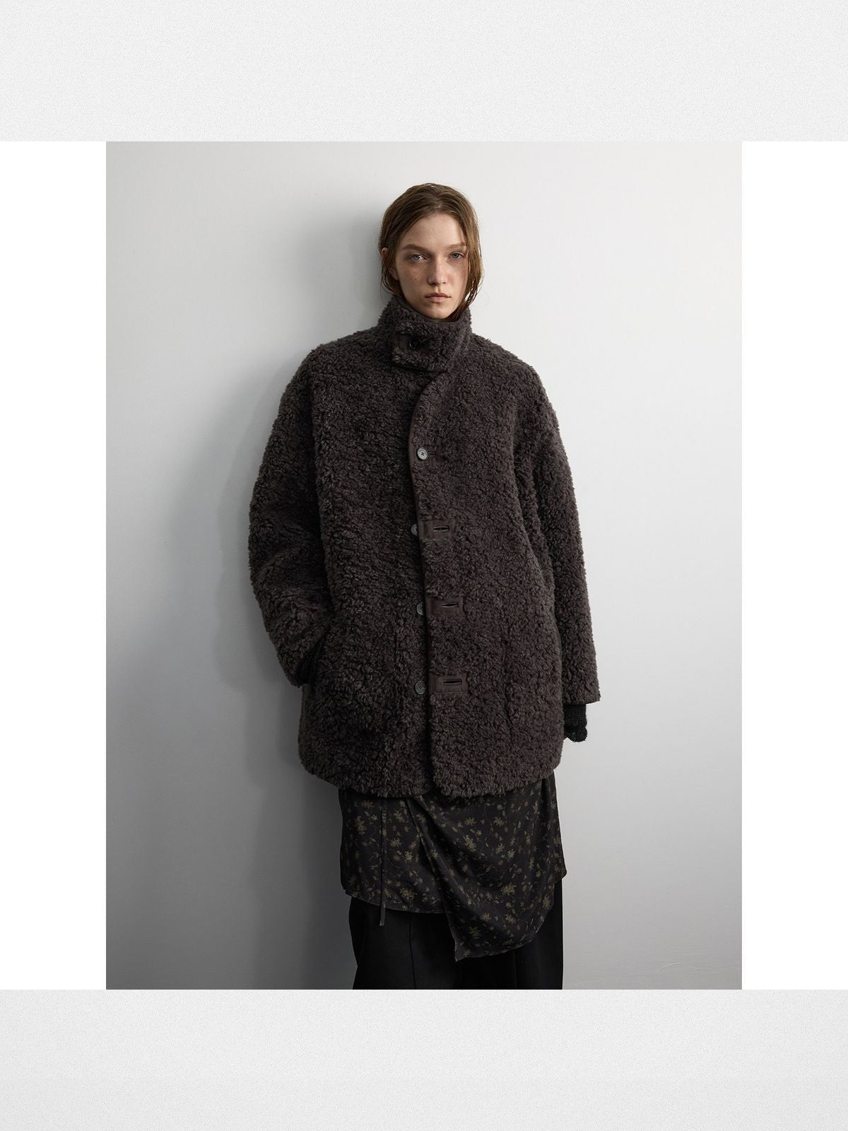 RandomPiece Reversible Faux Shearling Coat in Dark Brown - On Model