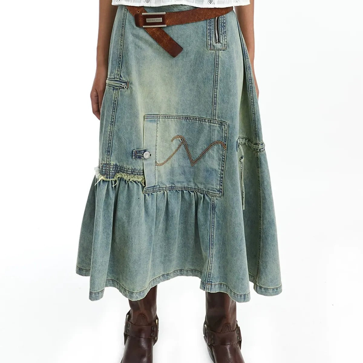 NeverSeez Asymmetric Vintage Wash Denim Skirt in Blue - On Model