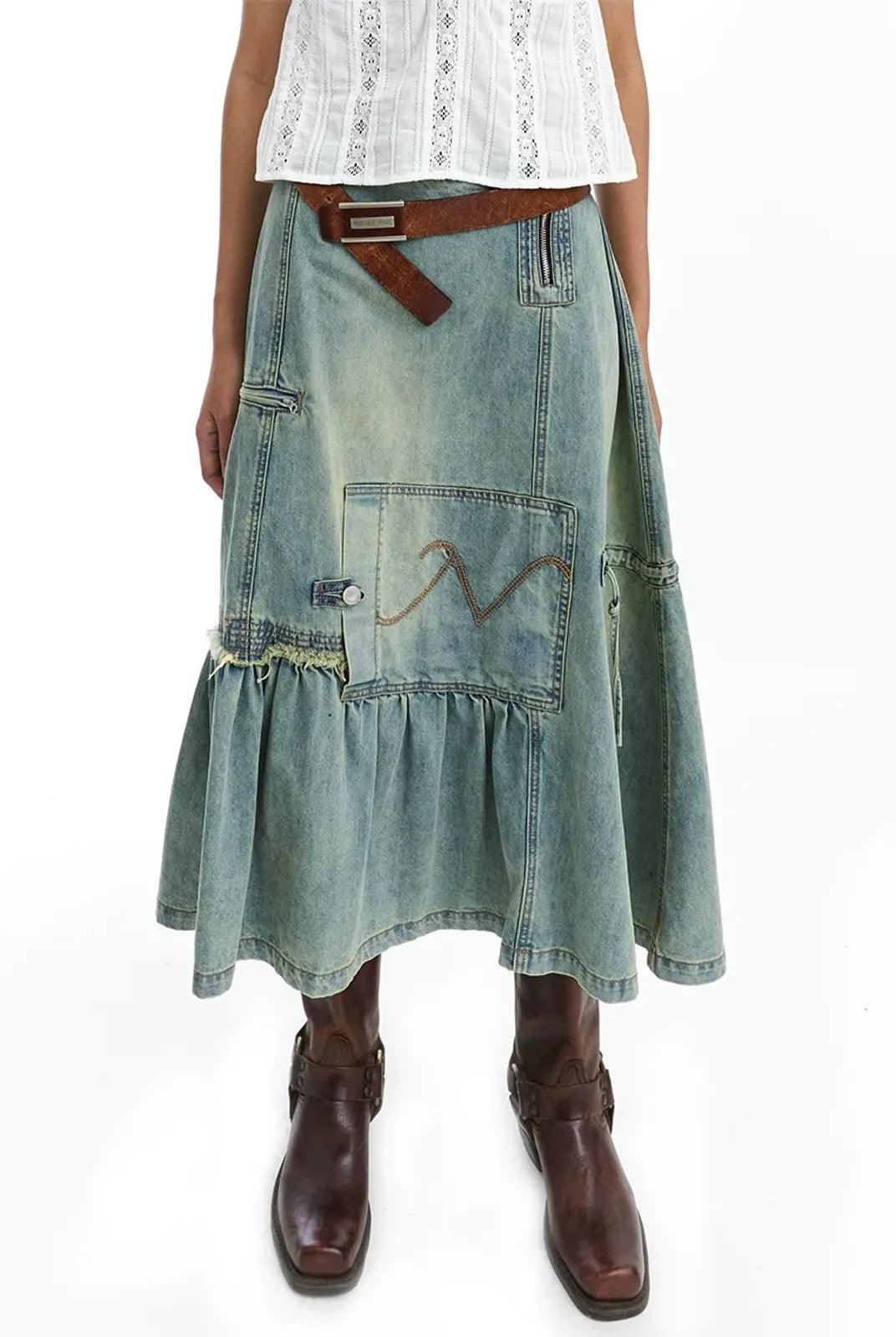 NeverSeez Asymmetric Vintage Wash Denim Skirt in Blue - On Model
