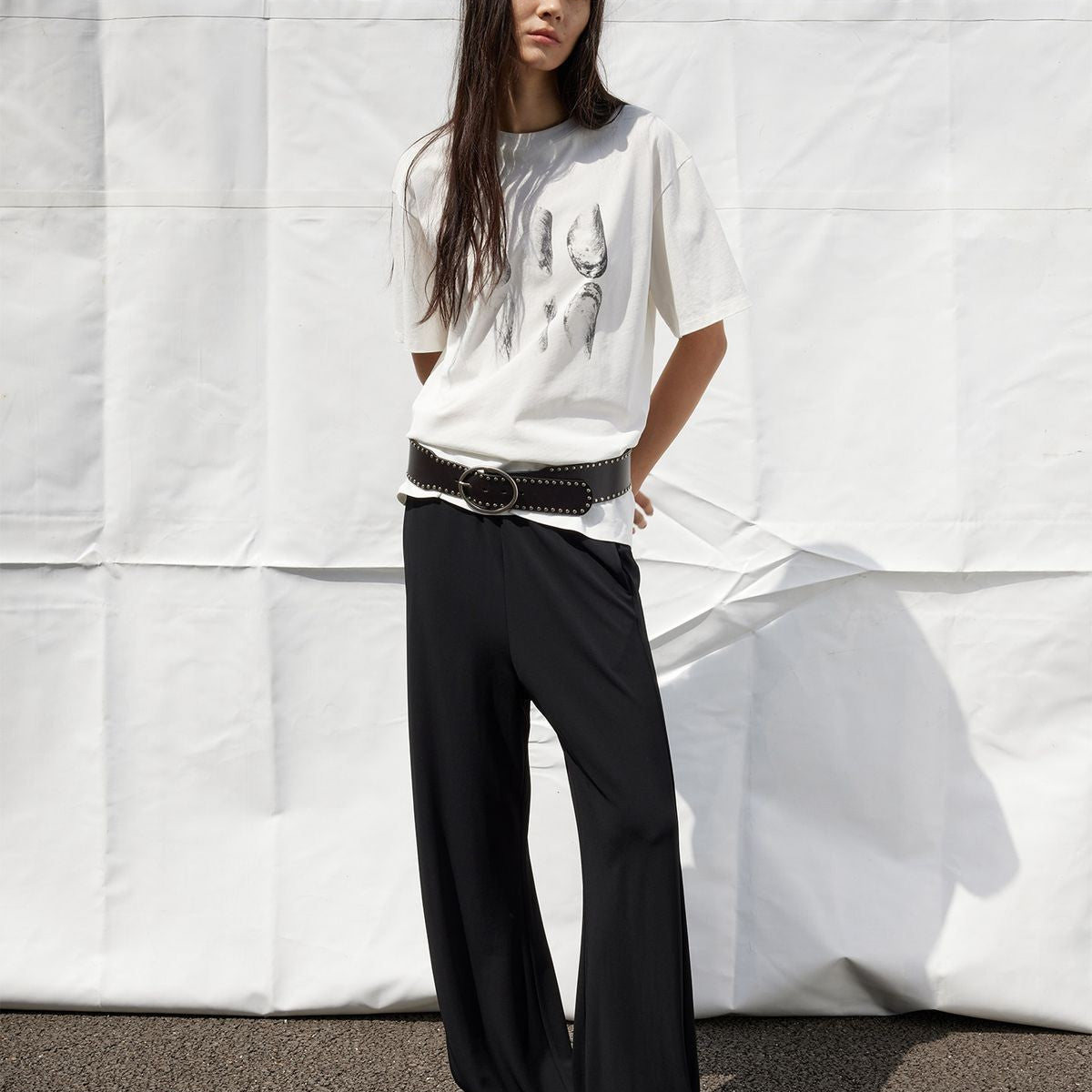 RandomPiece Shell Print High Twist Cotton T Shirt in White - On Model