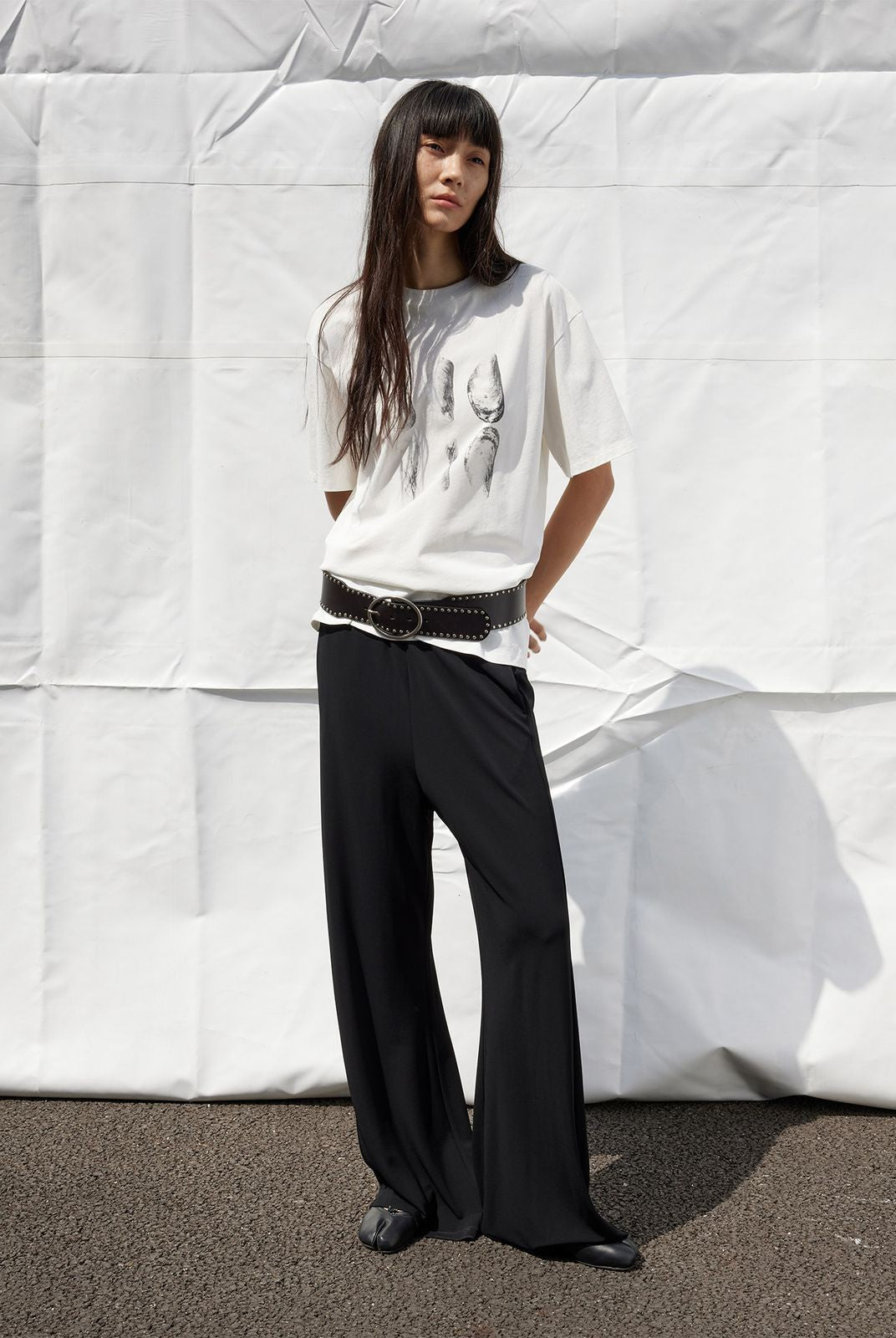 RandomPiece Shell Print High Twist Cotton T Shirt in White - On Model