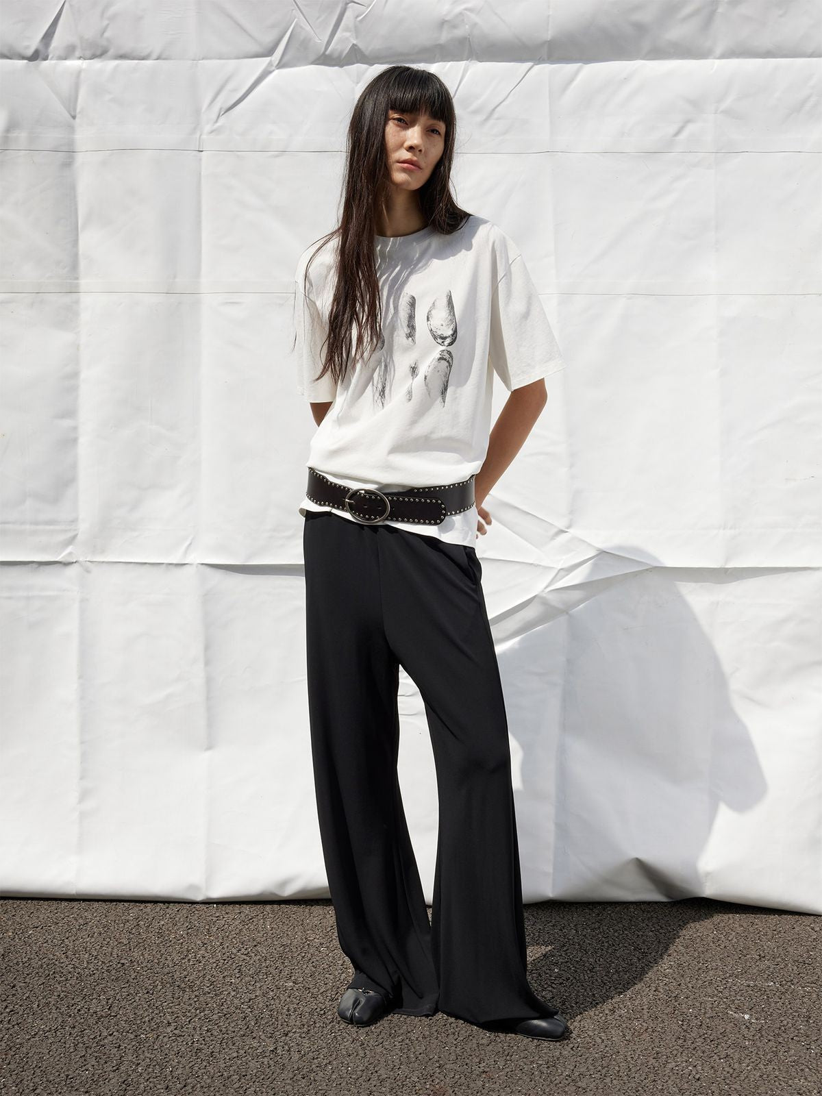 RandomPiece Shell Print High Twist Cotton T Shirt in White - On Model