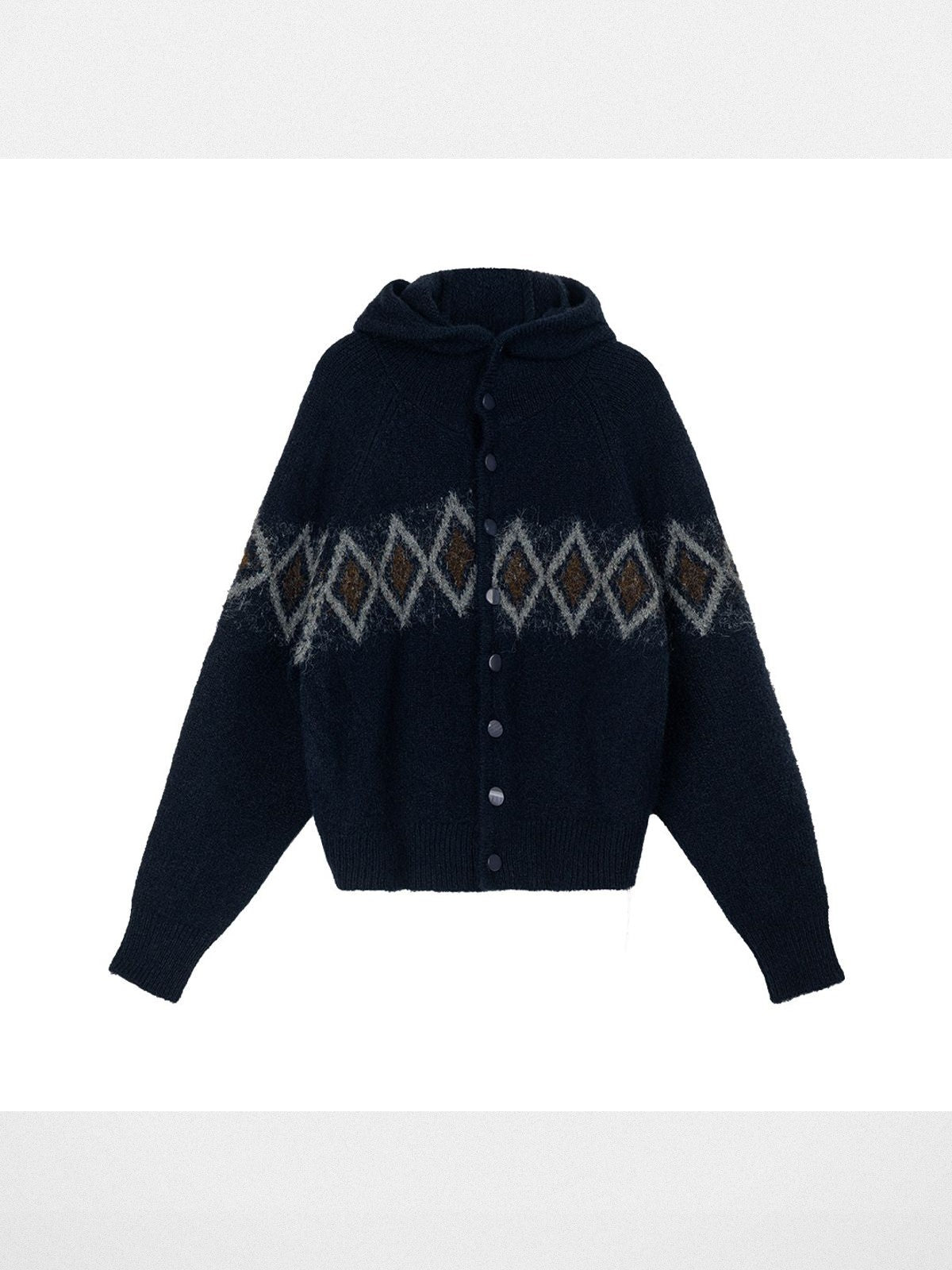 Simple Project Offset Argyle Hooded Cardigan in Navy Blue