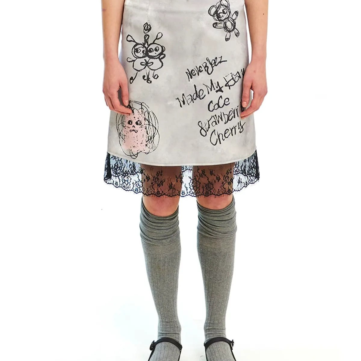 NeverSeez Graffiti Print Lace Trim Skirt in Gray - On Model
