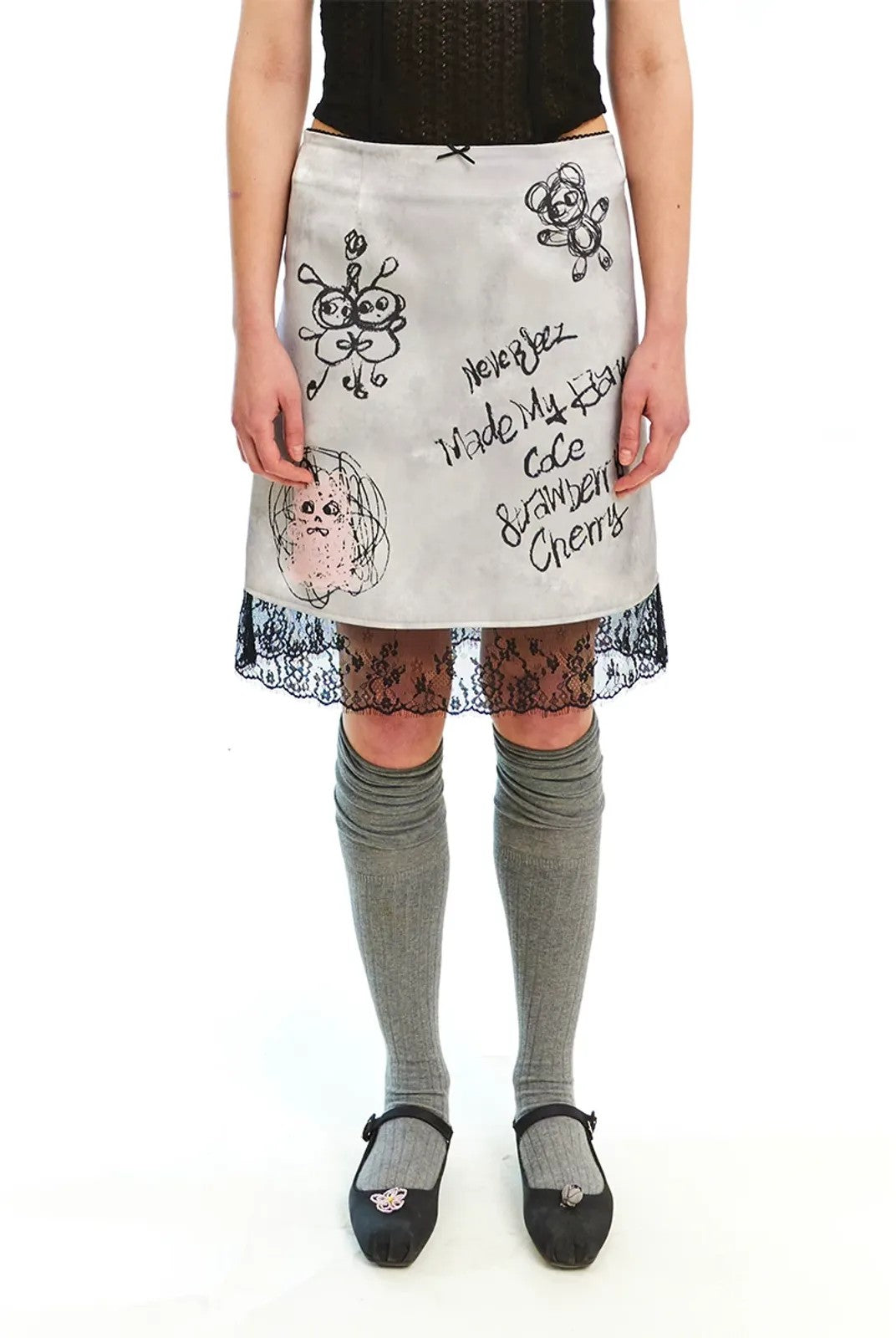 NeverSeez Graffiti Print Lace Trim Skirt in Gray - On Model