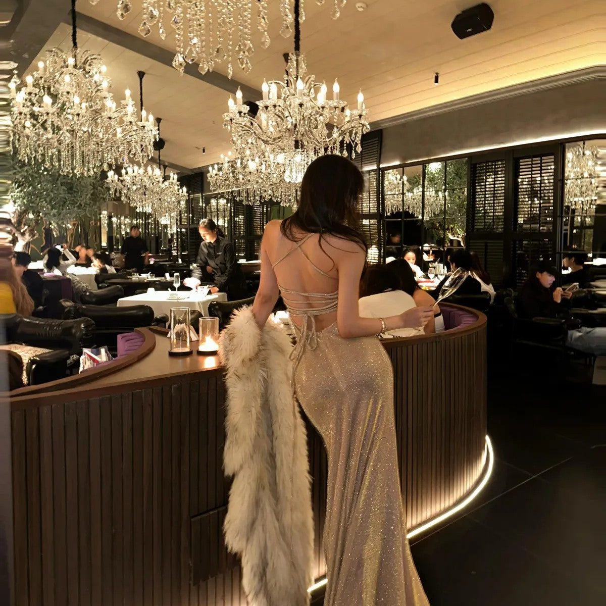 1S STUDIO Shimmer Lace Up Open Back Dress in Gold - On Model