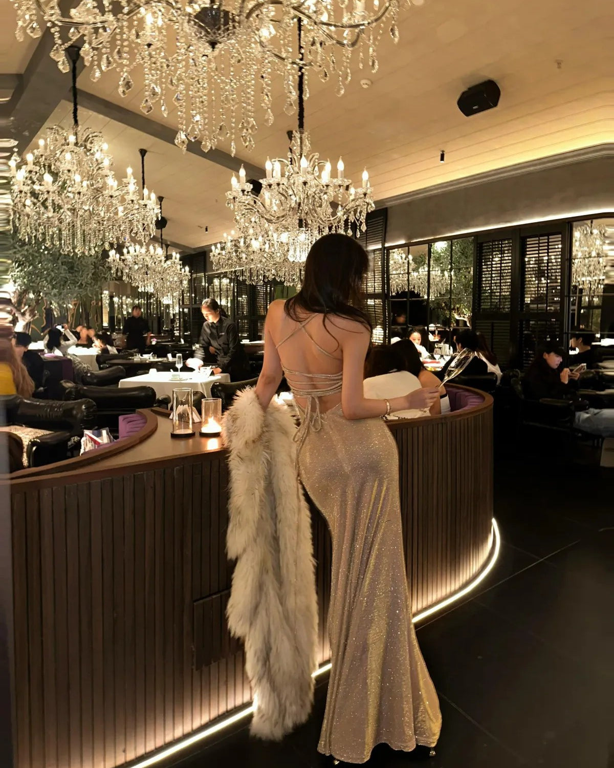 1S STUDIO Shimmer Lace Up Open Back Dress in Gold - On Model