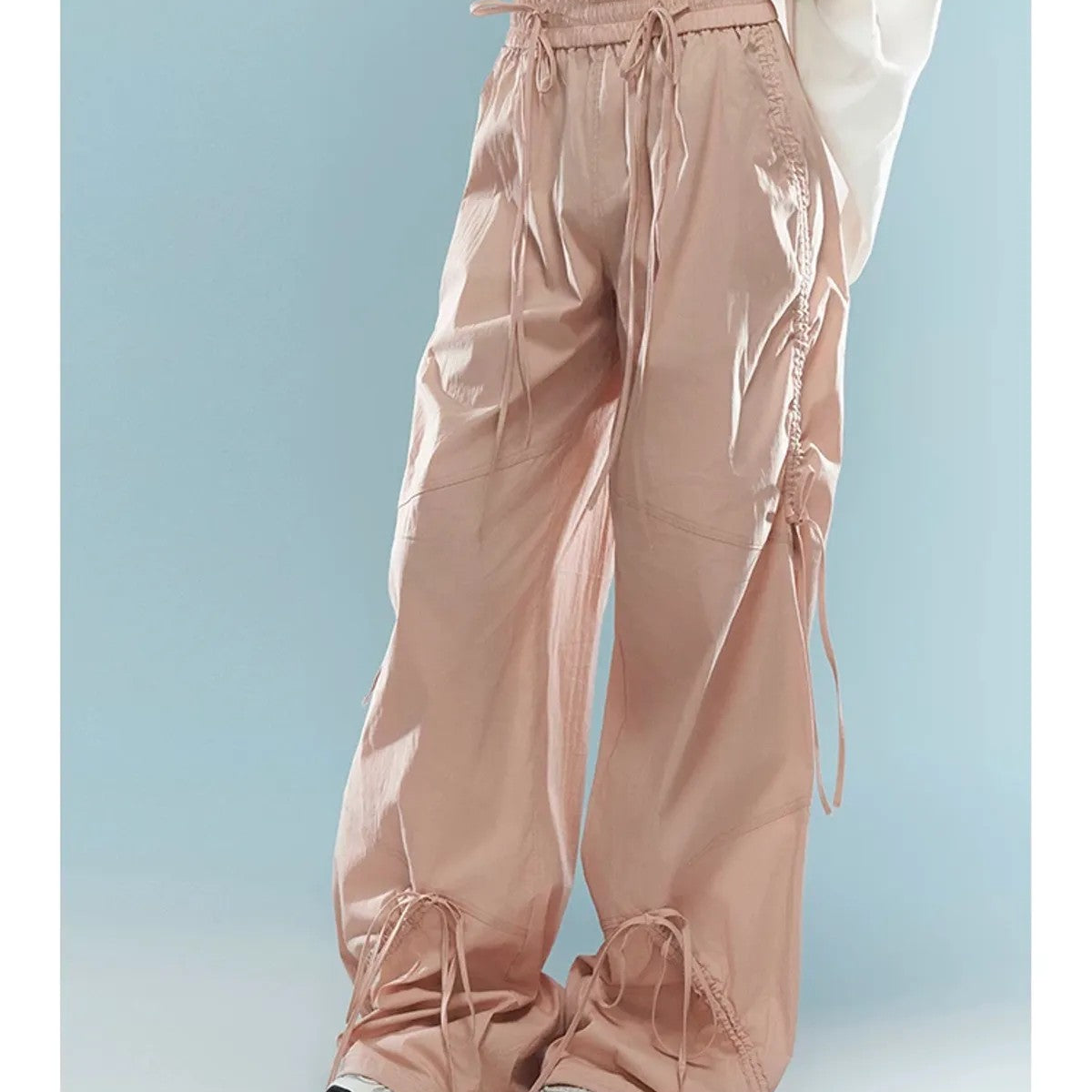 BeerBro Ruched Wide Leg Parachute Pants in Pink - On Model
