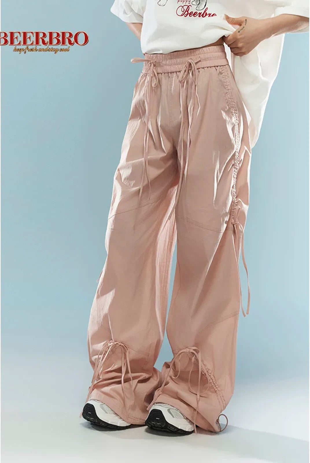 BeerBro Ruched Wide Leg Parachute Pants in Pink - On Model
