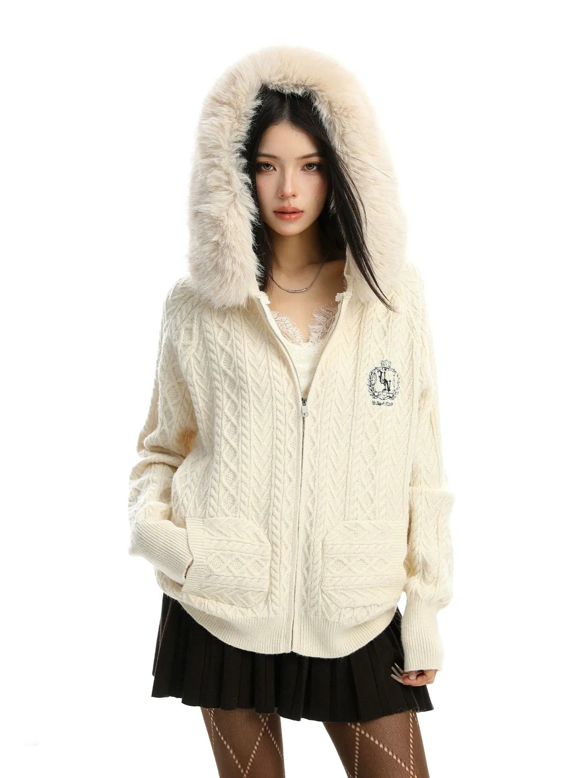 BIGGOLD STUDIO Fur Trimmed Cable Knit Zip Hoodie in White - On Model #color_white