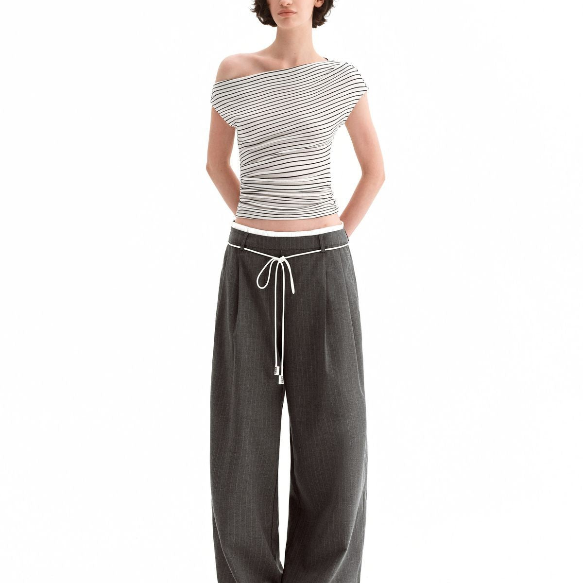 PUKI Double Waistband Suit Pants in Gray - On Model