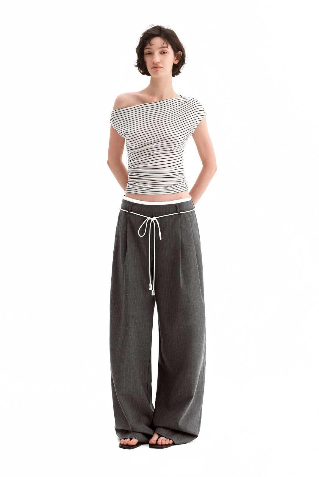 PUKI Double Waistband Suit Pants in Gray - On Model