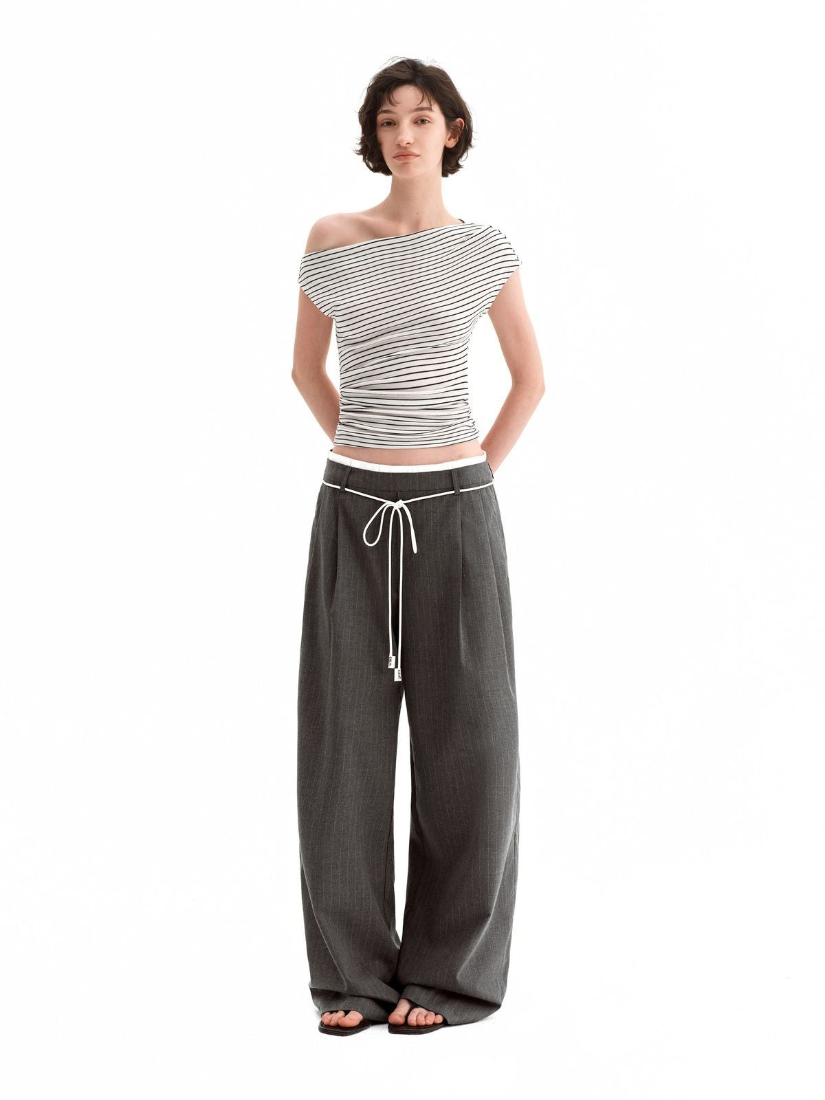 PUKI Double Waistband Suit Pants in Gray - On Model