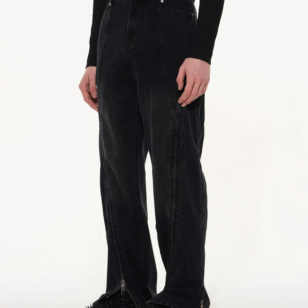 BLINDNOPLAN Washed Multi Zipper Split Panel Jeans in Gray - On Model