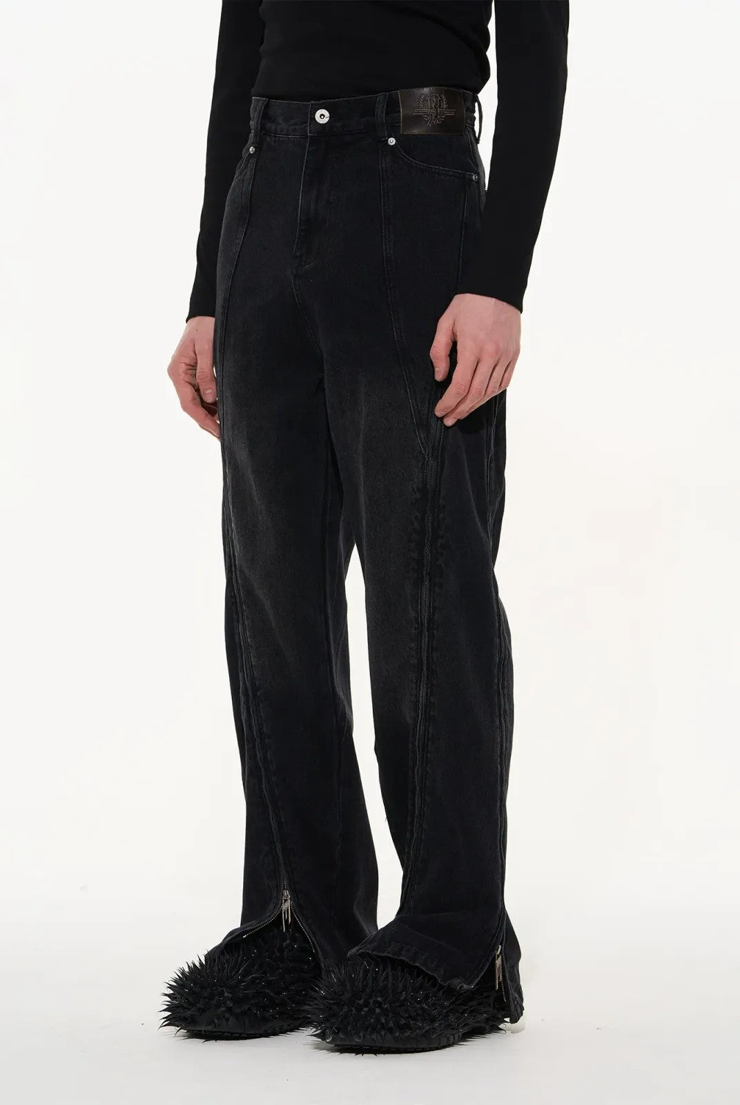 BLINDNOPLAN Washed Multi Zipper Split Panel Jeans in Gray - On Model