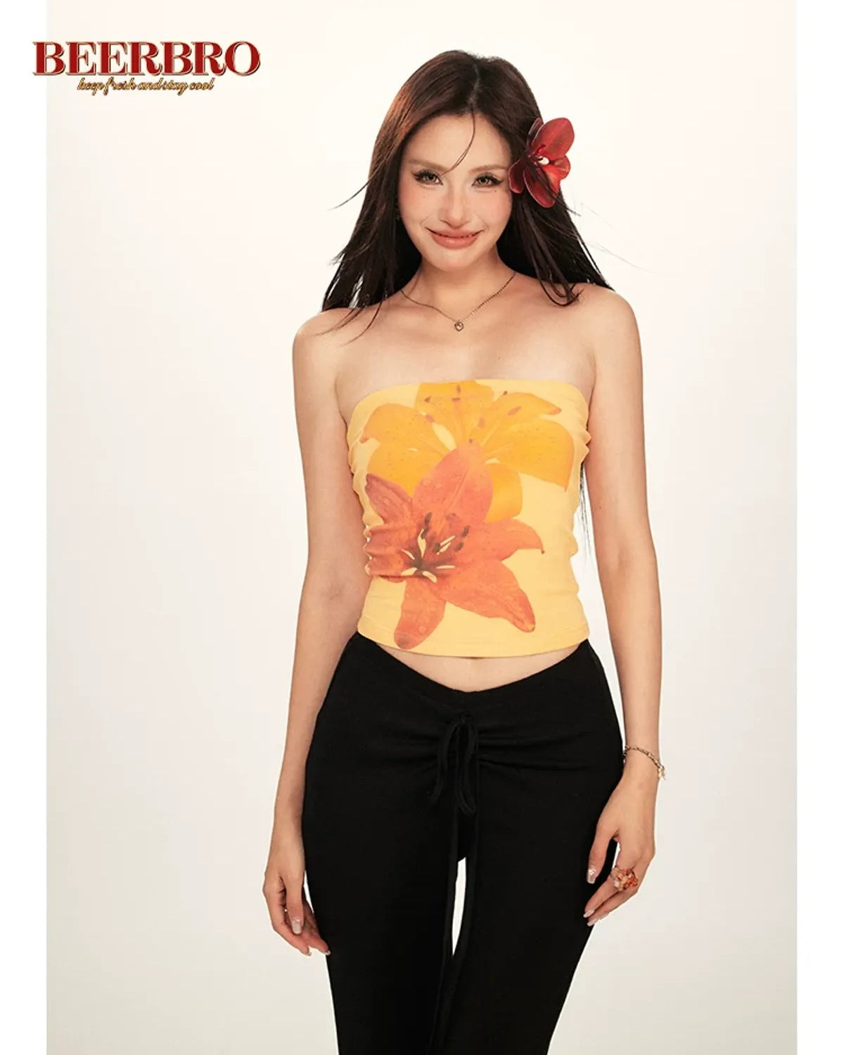 BeerBro Tropical Floral Print Tube Top in Yellow
