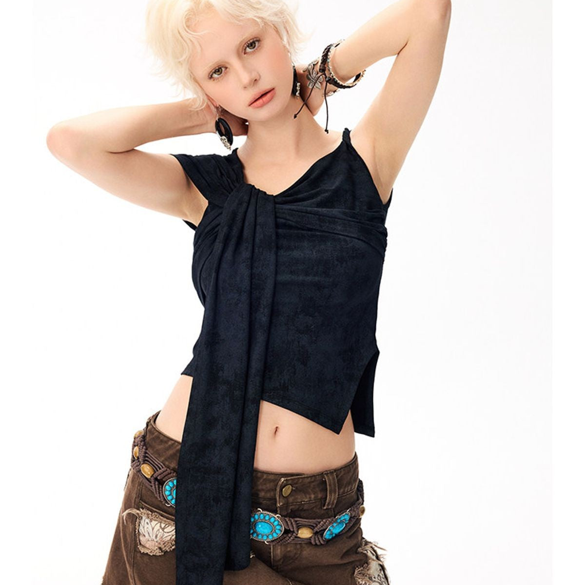 BeerBro Asymmetric Tie Front Off Shoulder Top in Black - On Model