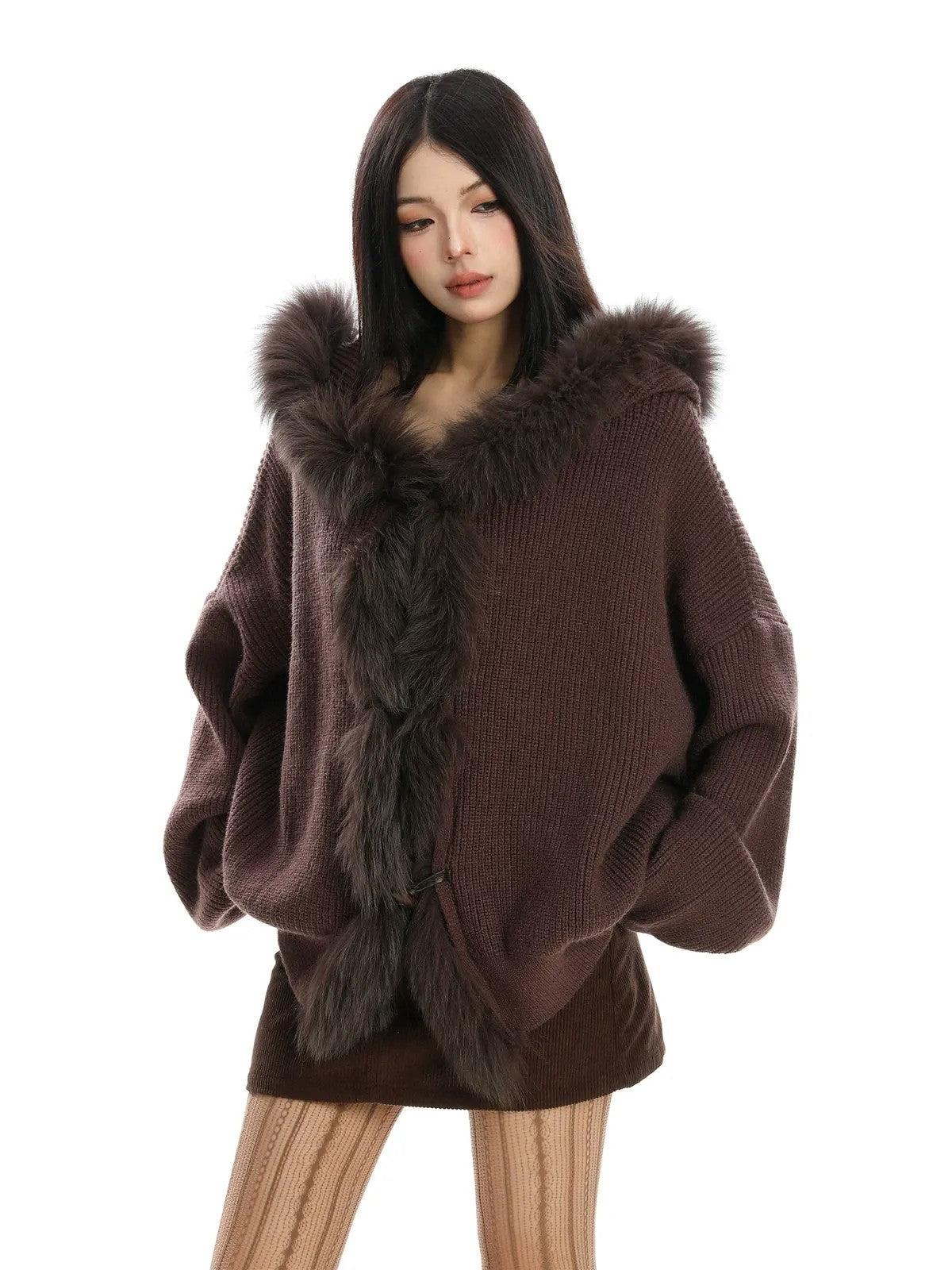 BIGGOLD STUDIO Fox Fur Trim Hooded Cardigan in Brown - On Model #color_brown