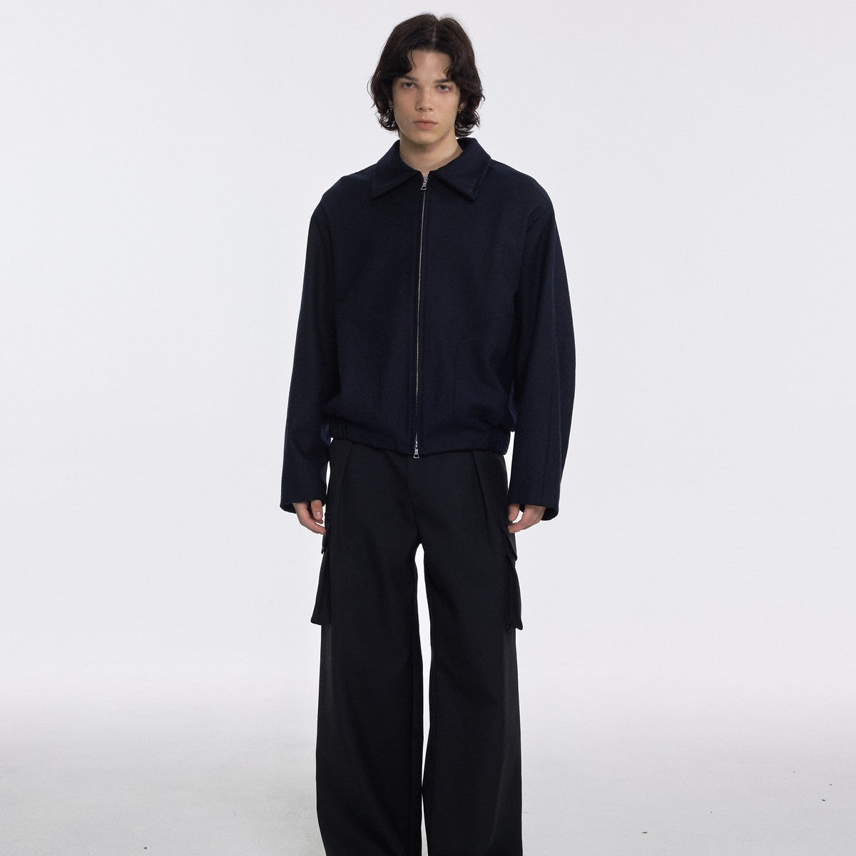 AFterTaste Navy Wool Blend Zip Jacket in Navy - On Model