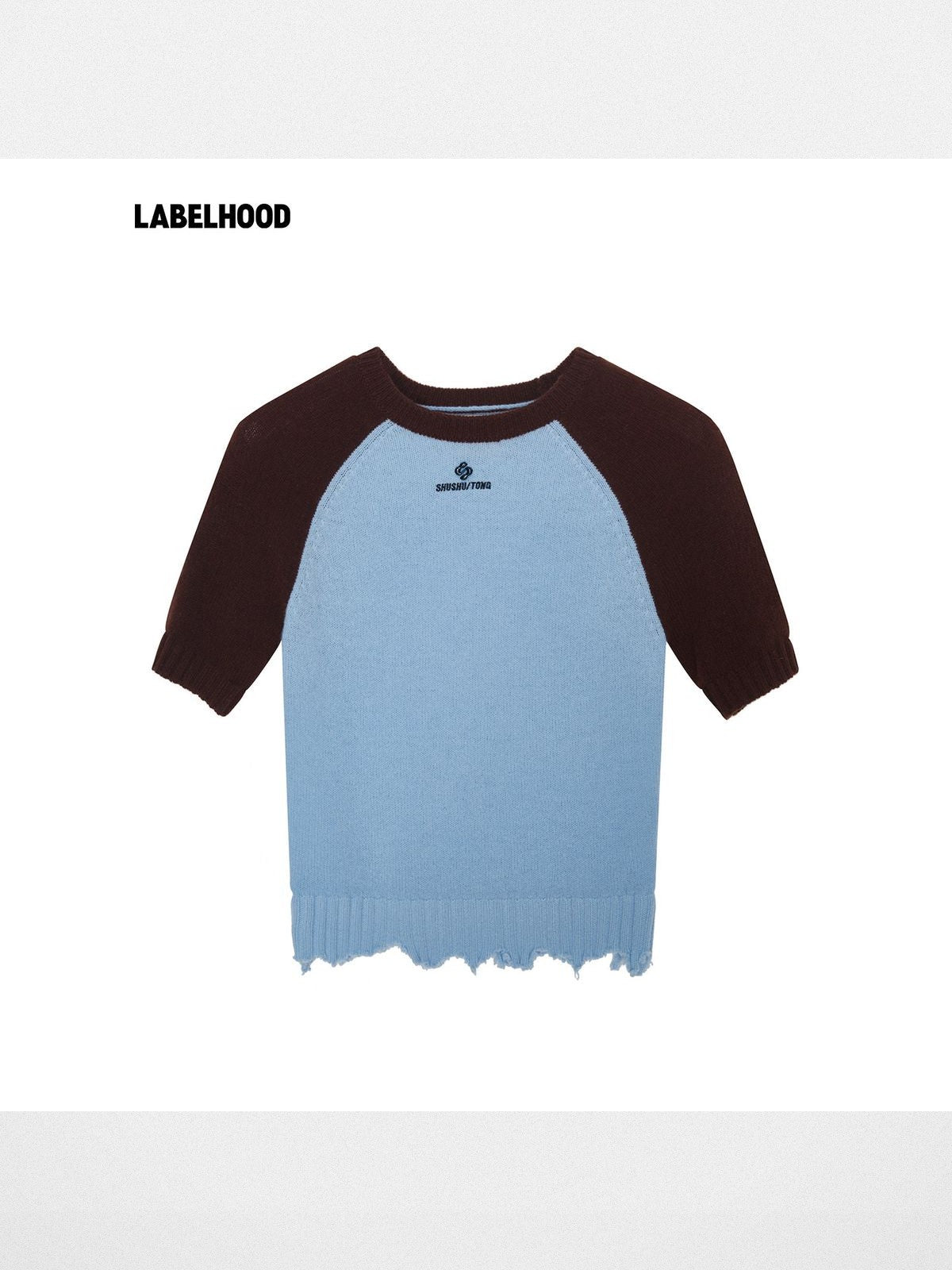 SHUSHUTONG Color Block Raw Edge Knit Top in Sky Blue