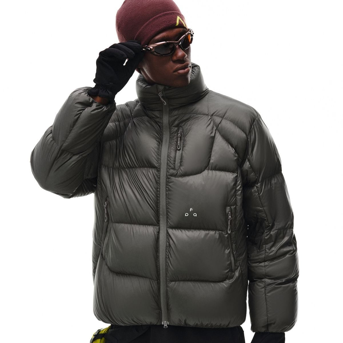 FPA Stand Collar Goose Down Puffer in Olive - On Male Model