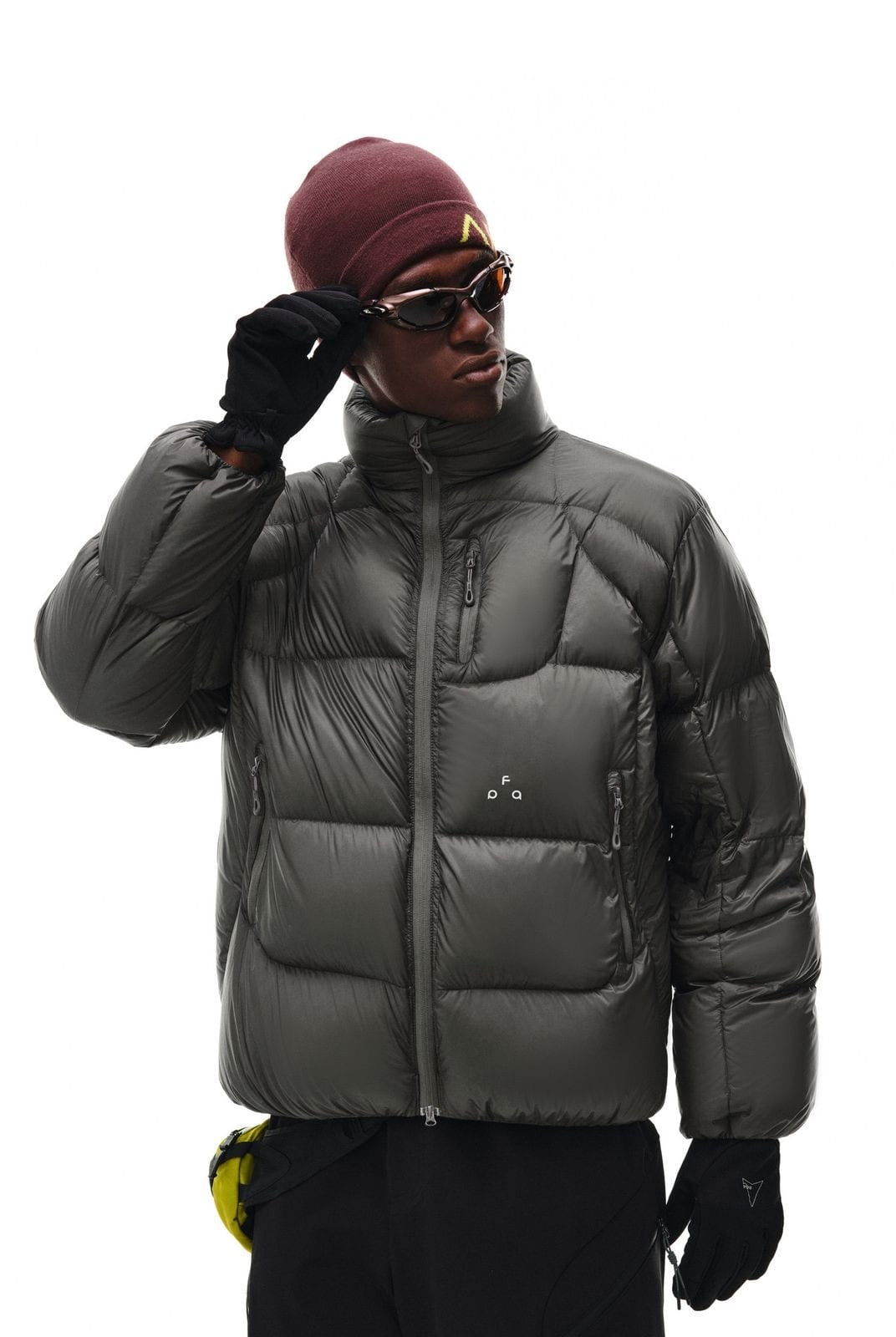 FPA Stand Collar Goose Down Puffer in Olive - On Male Model