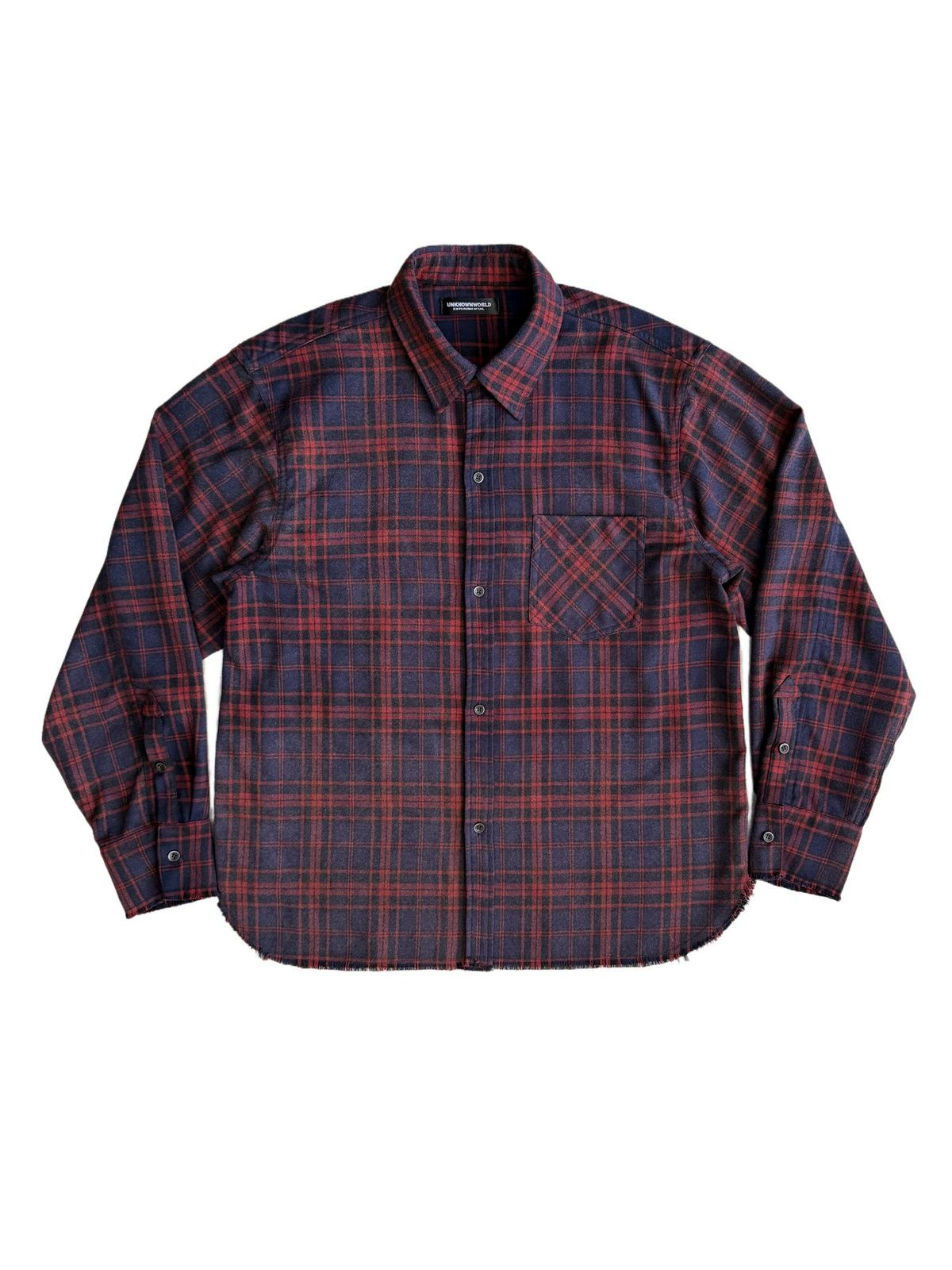 UNKNOWNWORLD Washed Plaid Flannel Raw Edge Shirt in Blue