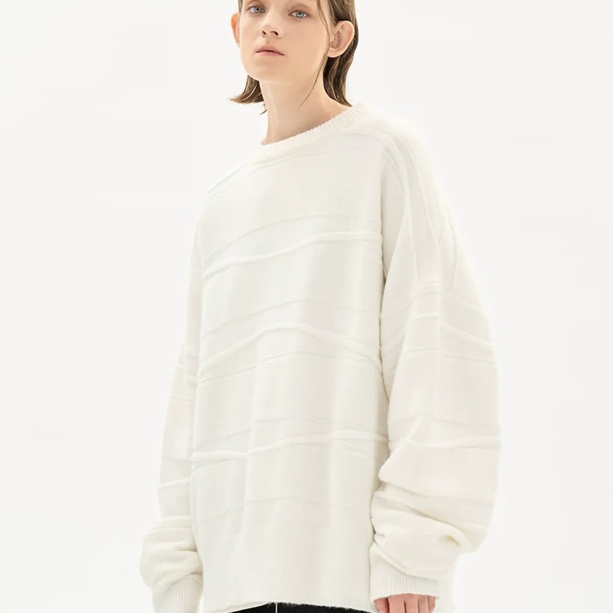 LOSTCTRL Wavy Stripe Textured Sweater in White - On Model