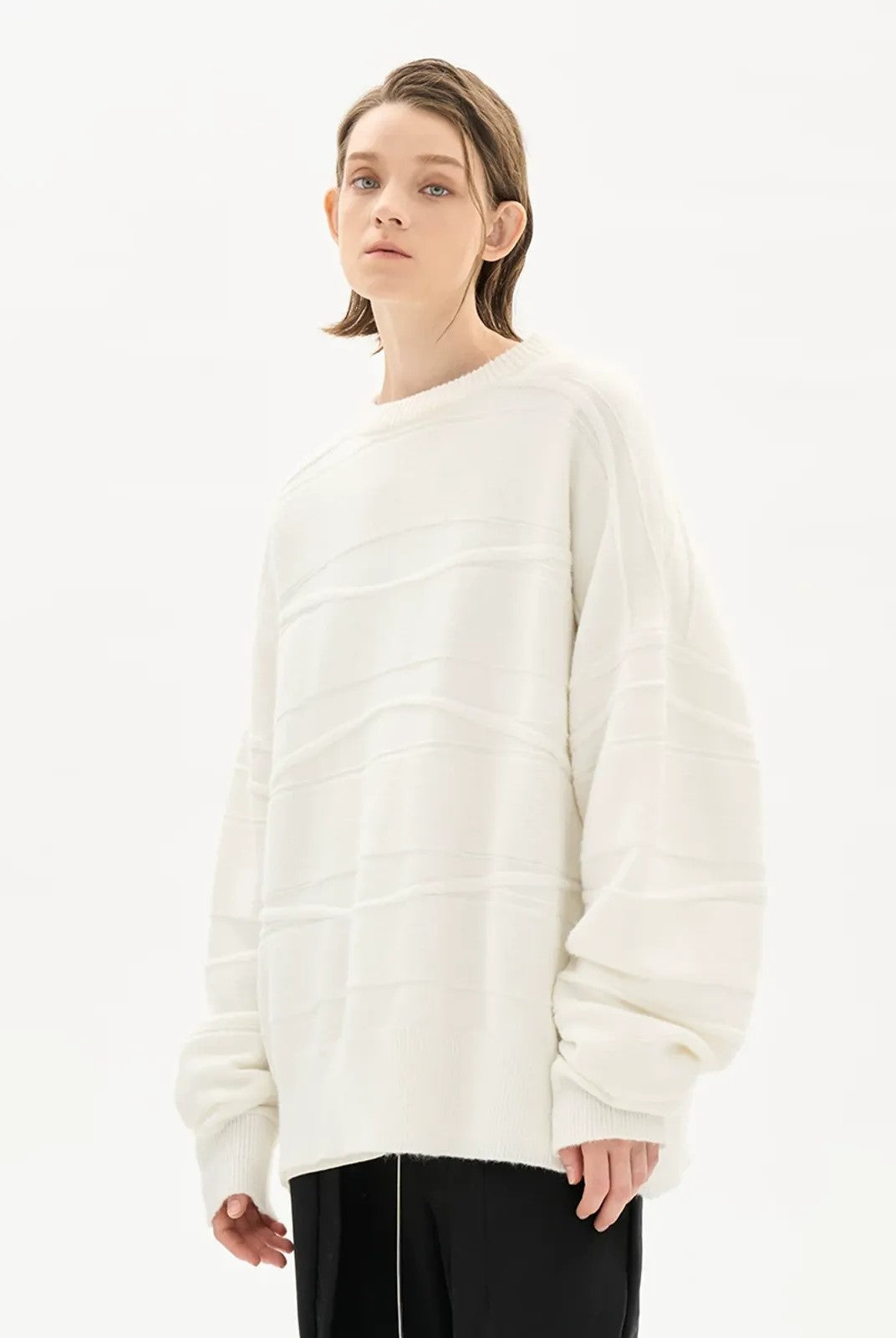 LOSTCTRL Wavy Stripe Textured Sweater in White - On Model