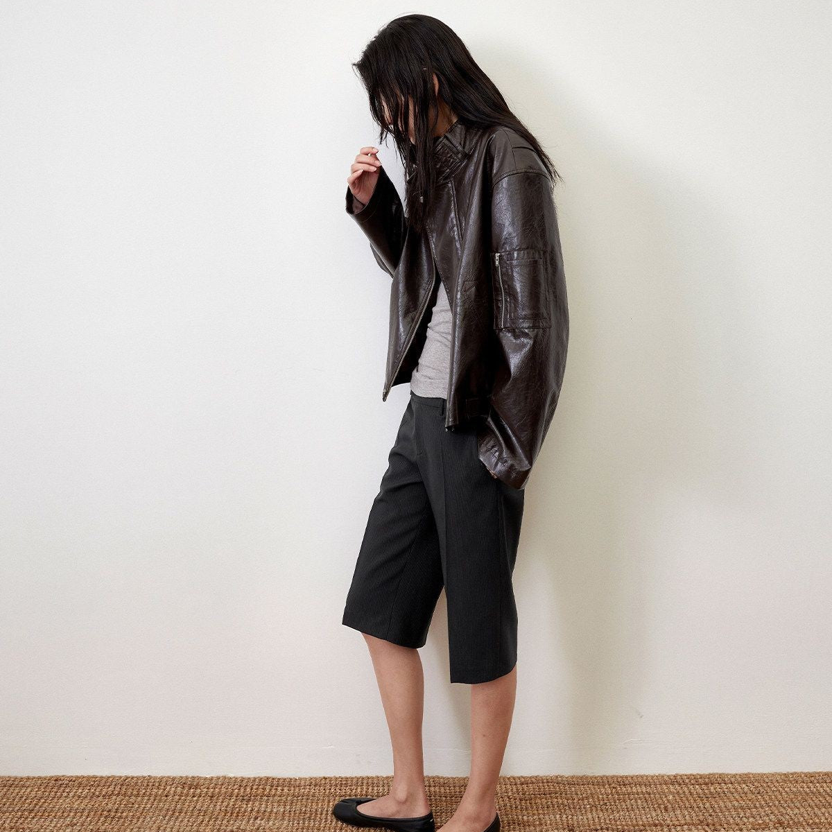 RandomPiece Pinstripe Wool Blend Bermuda Shorts in Black - On Model