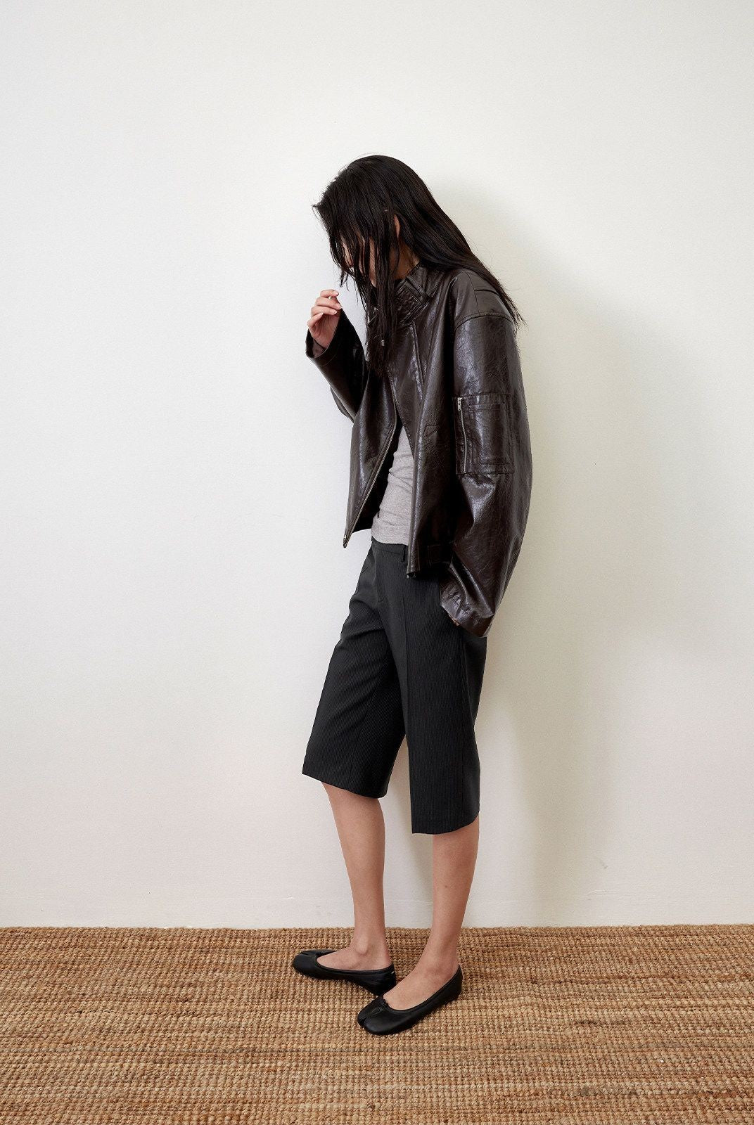 RandomPiece Pinstripe Wool Blend Bermuda Shorts in Black - On Model