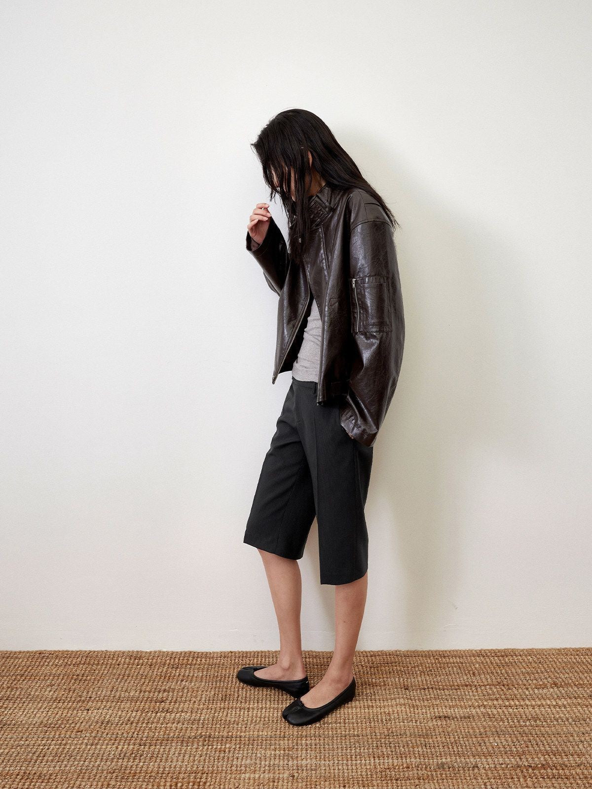 RandomPiece Pinstripe Wool Blend Bermuda Shorts in Black - On Model