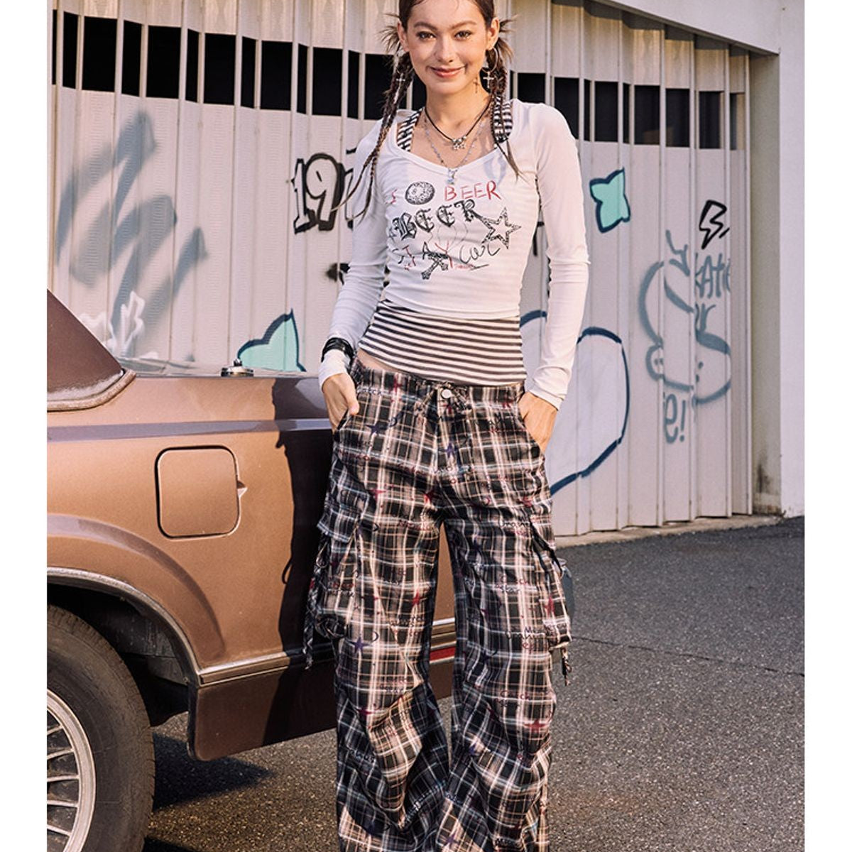 BeerBro Graffiti Plaid Strap Cargo Pants in Sky Blue