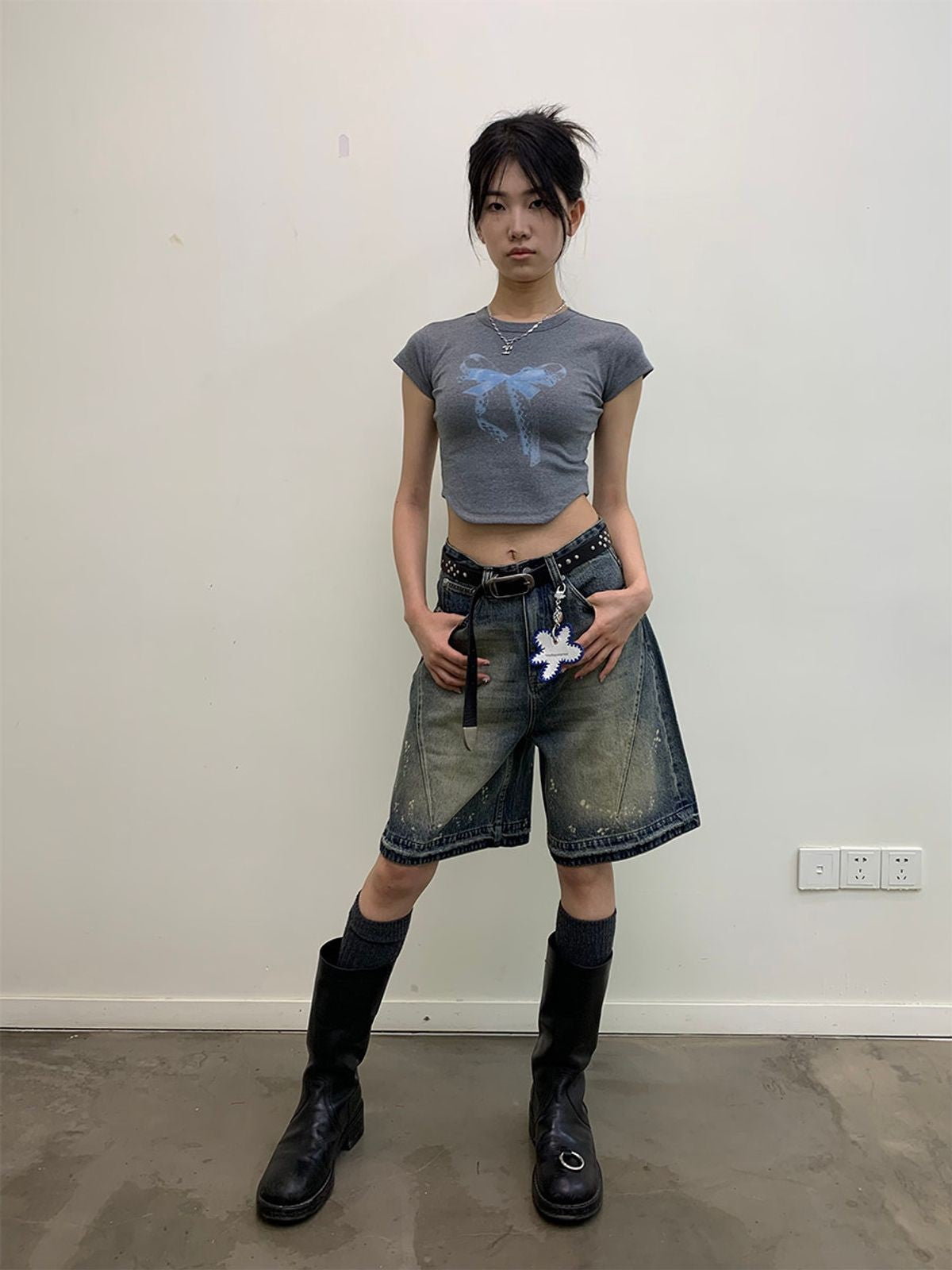 NeverSeez Lace Bow Graphic Baby Tee in Gray - On Model