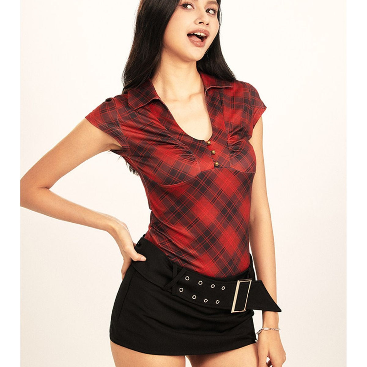 BeerBro Plaid V Neck Collared Top in Burgundy - On Model