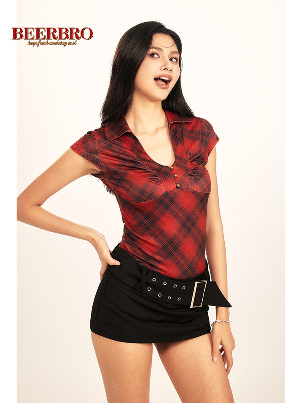 BeerBro Plaid V Neck Collared Top in Burgundy - On Model