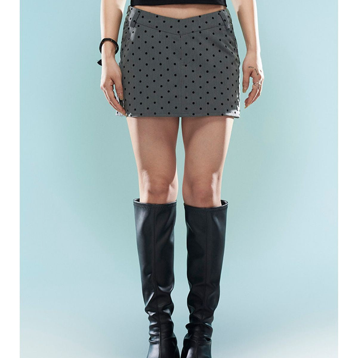 BeerBro Tailored Polka Dot Mini Skirt in Gray - On Model